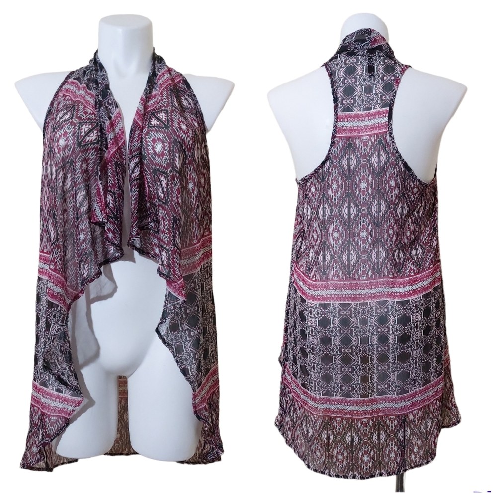 Full Tilt Sheer Black Burgundy Waterfall Open Front Lightweight Cover Up Small